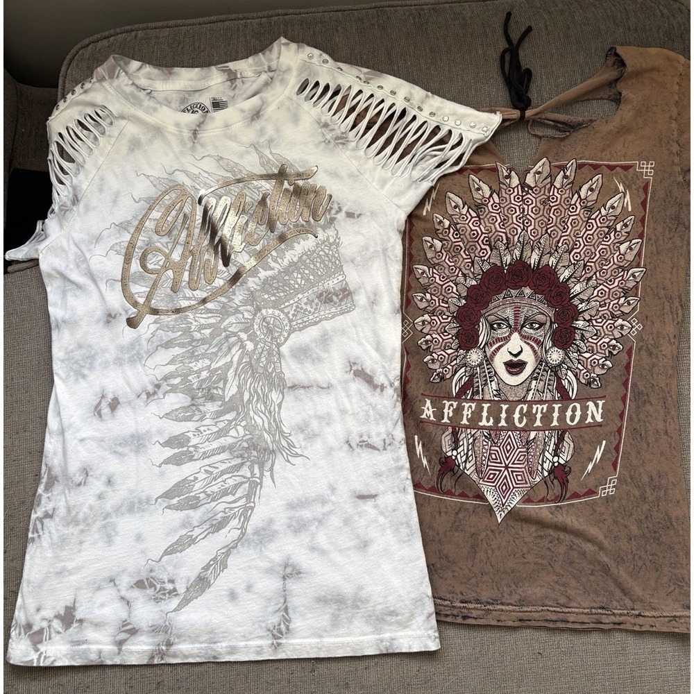 Women's Affliction T Shirts 2 Phantom Tribe White Light Grey Ice Wash Y2K  Small